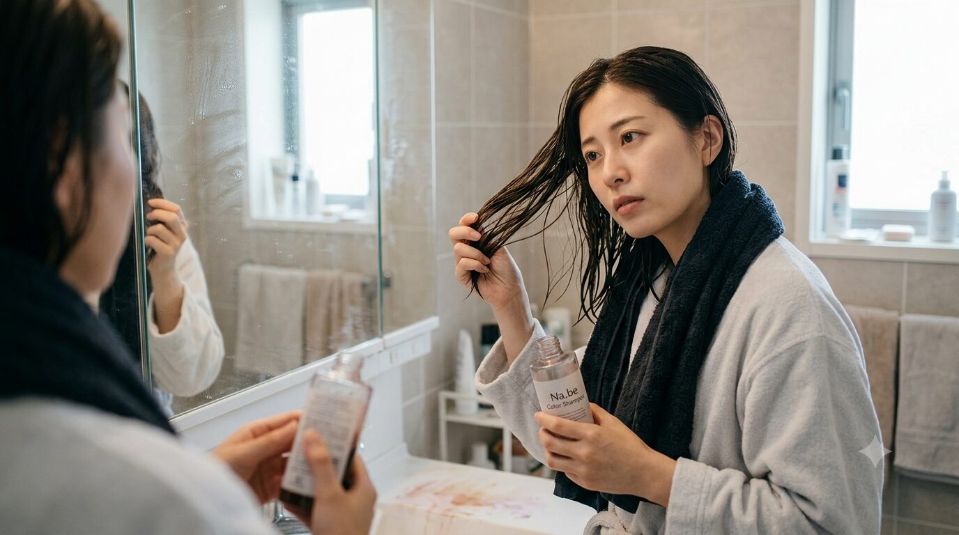 濡れた髪の束を指でつまみ、鏡の前で注意深く観察する女性モデルのヘアケアポーズ