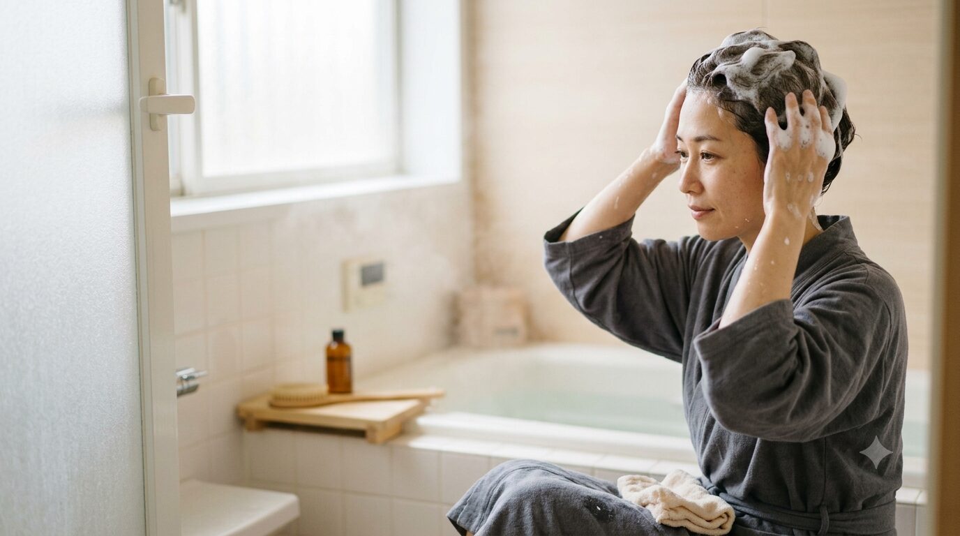 カラーシャンプーの放置時間を過ごす女性