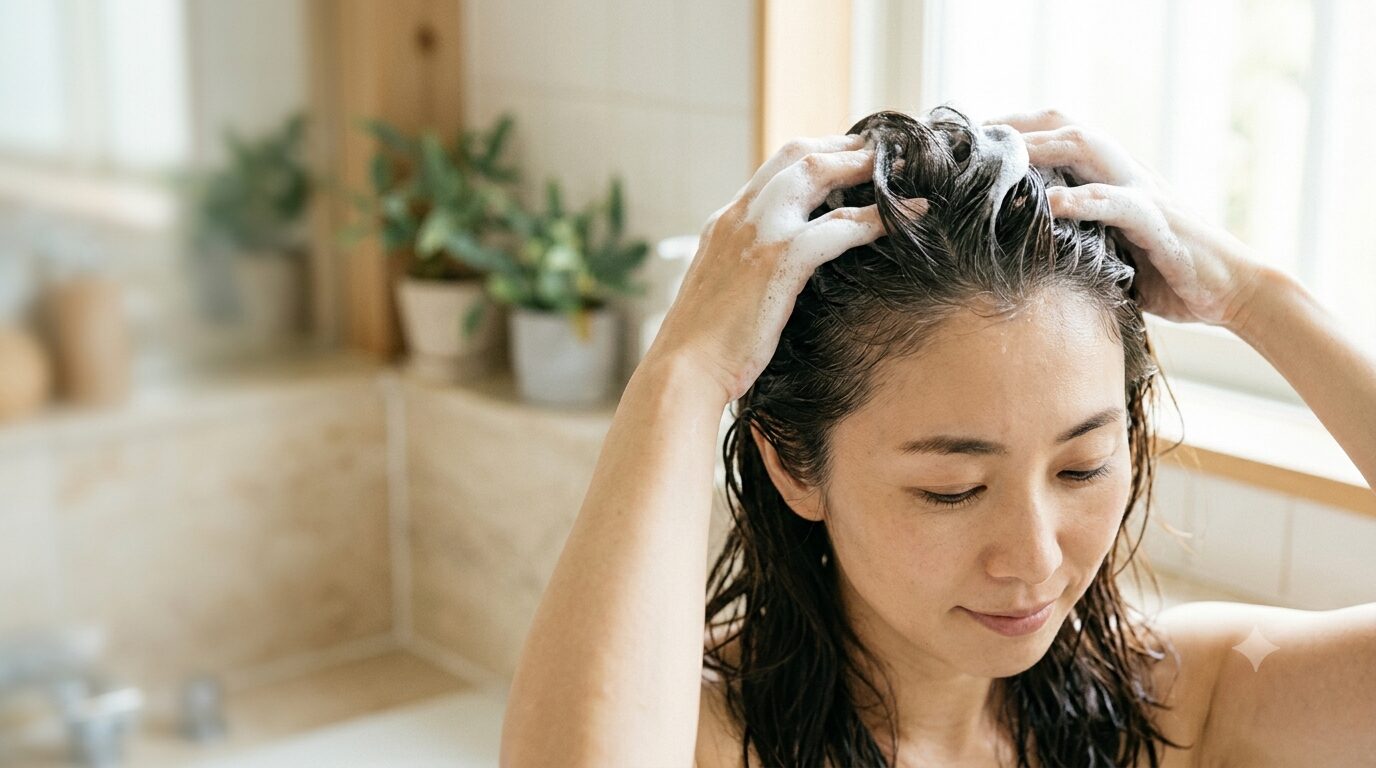 白髪ケアシャンプーを使う女性