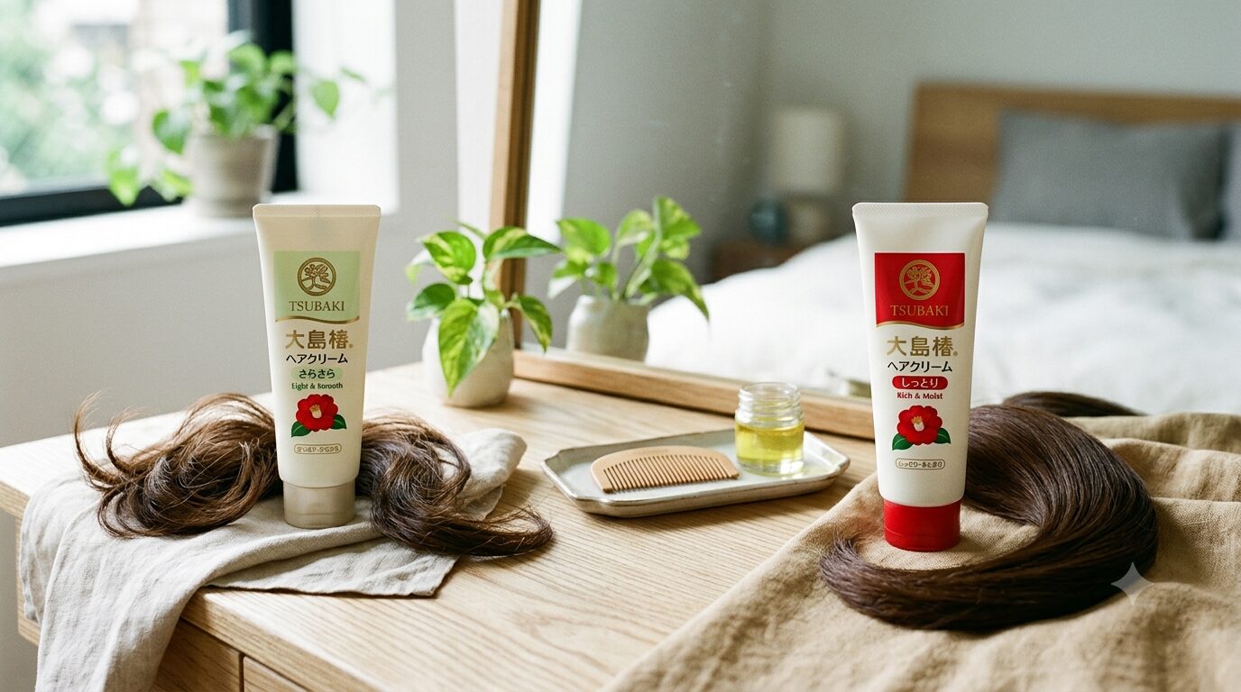 明るいドレッサーの上で、仕上がりの異なる2種類のヘアクリームと髪の毛の束を並べて比較している写真
