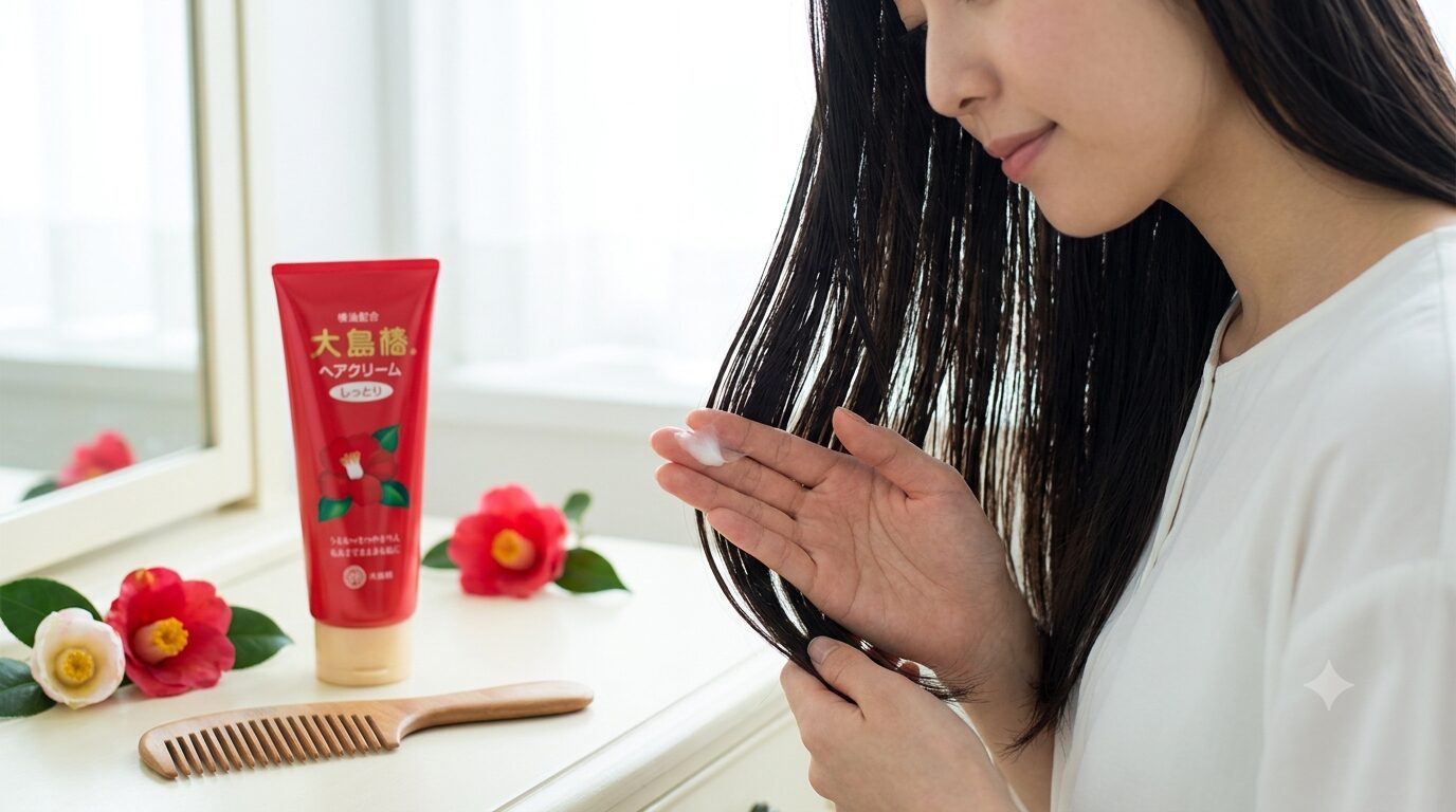 ヘアクリームを手に取り、髪になじませてケアする女性