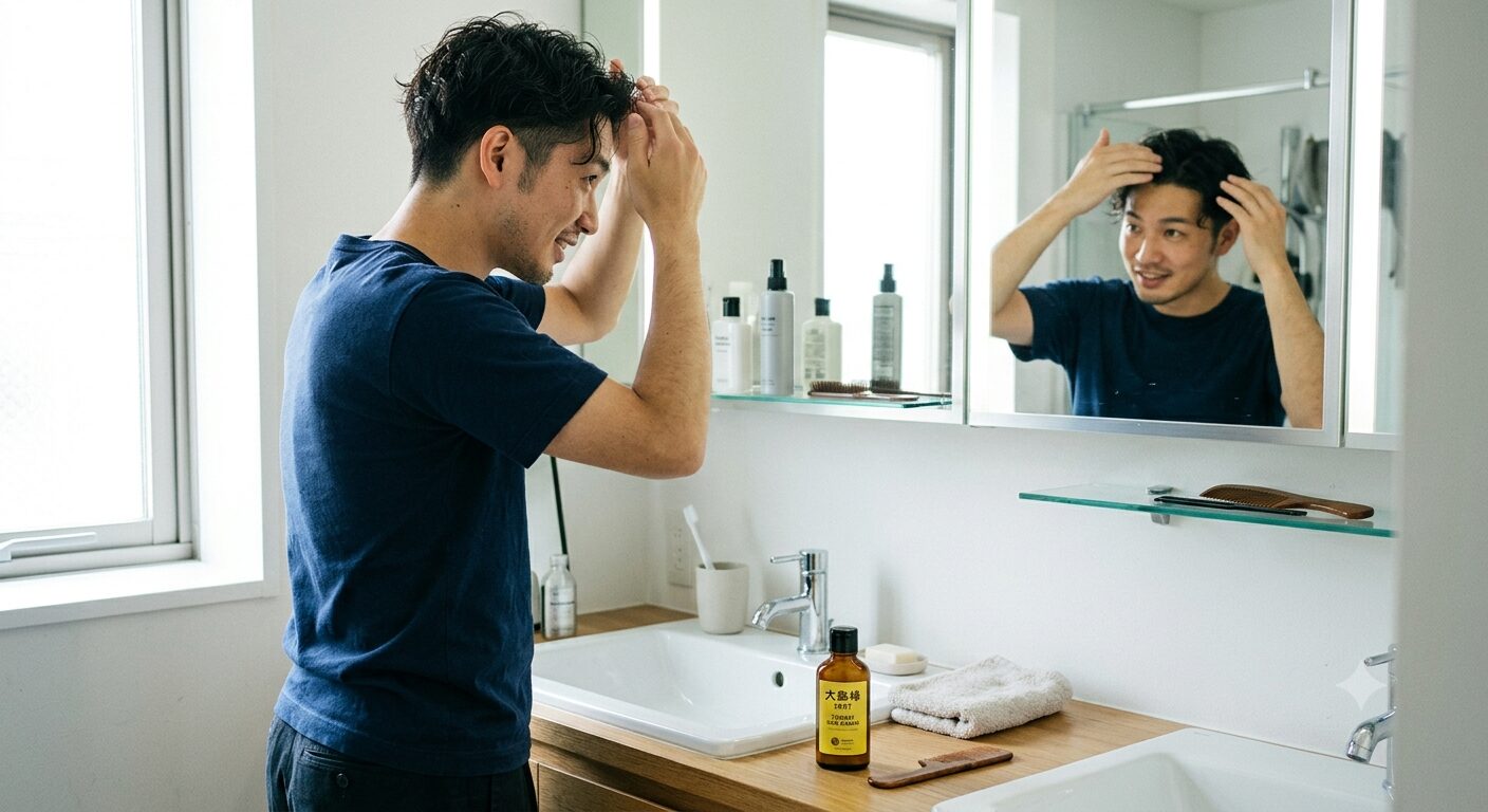 鏡の前でヘアケアしている男性