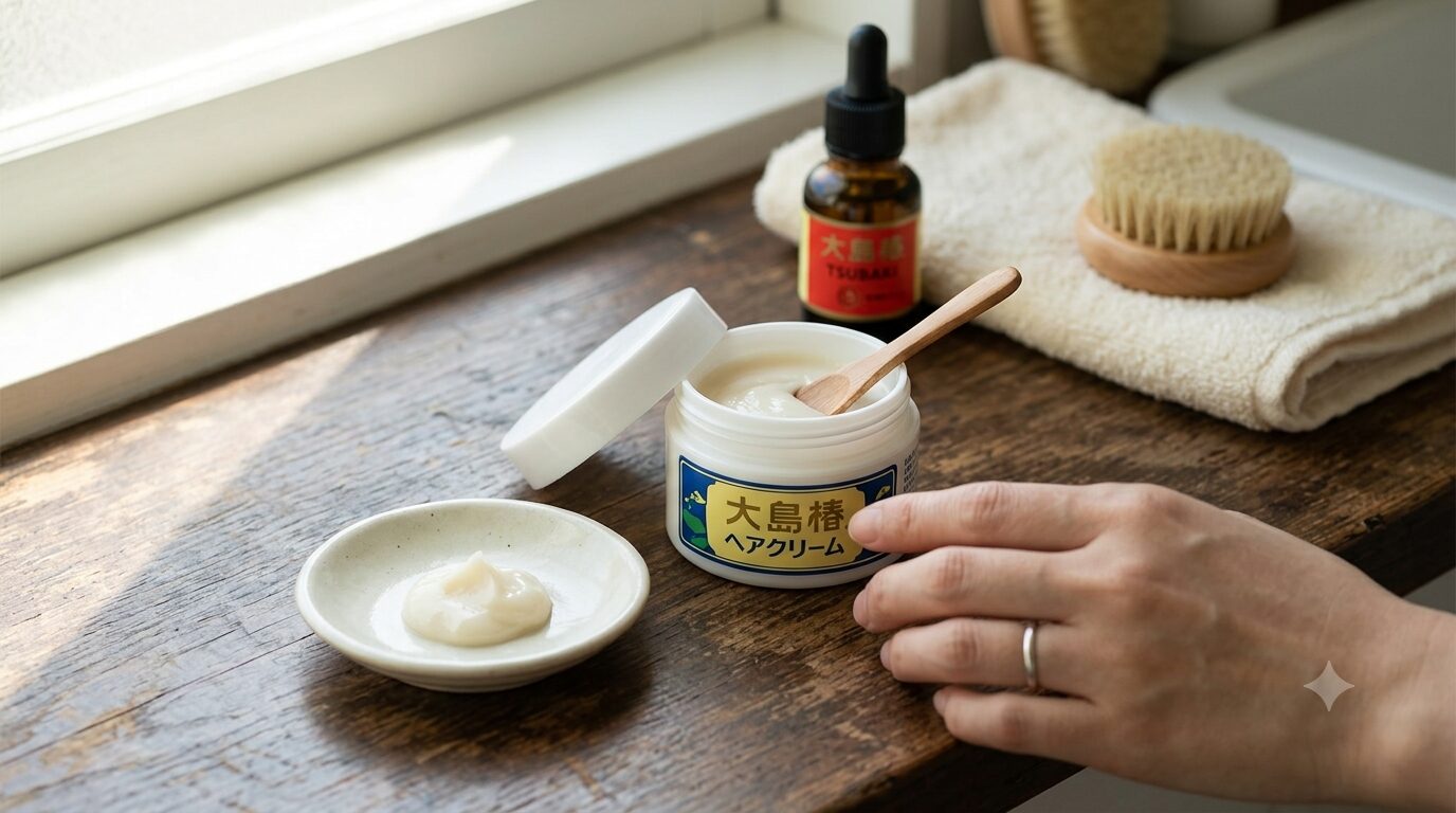 窓際でヘアクリームを手にとり、髪の毛のケアをする自然光のライフスタイル写真