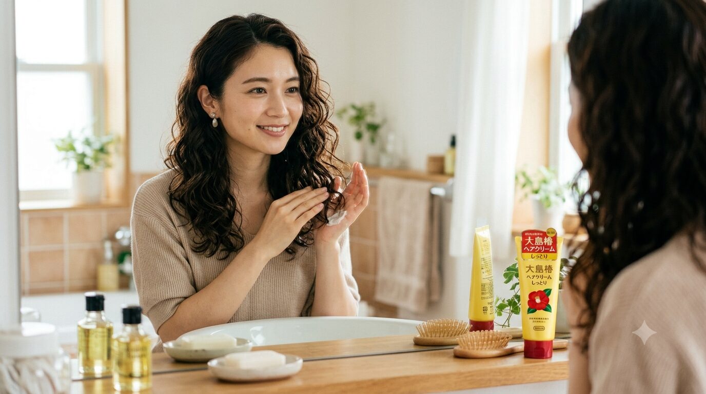 鏡の前でパーマヘアをスタイリングする女性