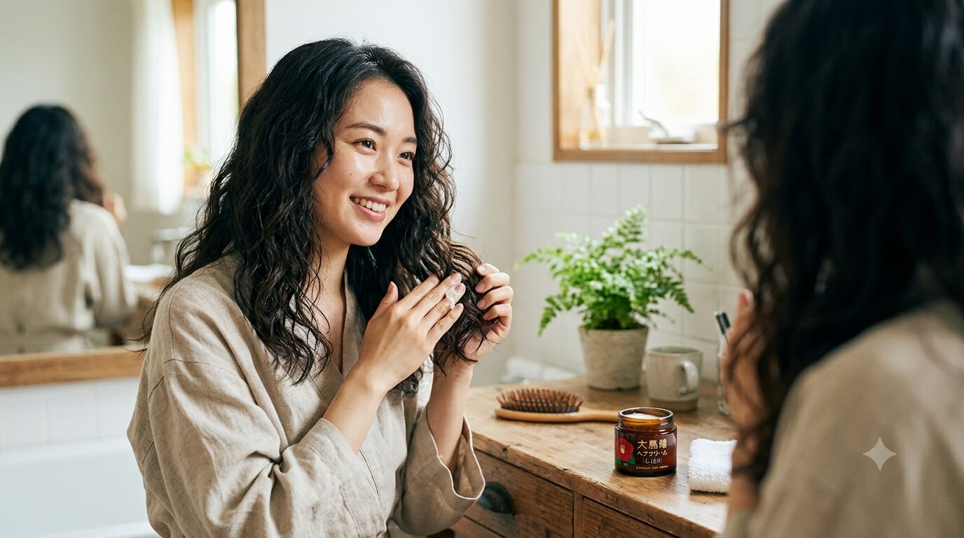 鏡の前で笑顔でくせ毛にヘアクリームを馴染ませる女性